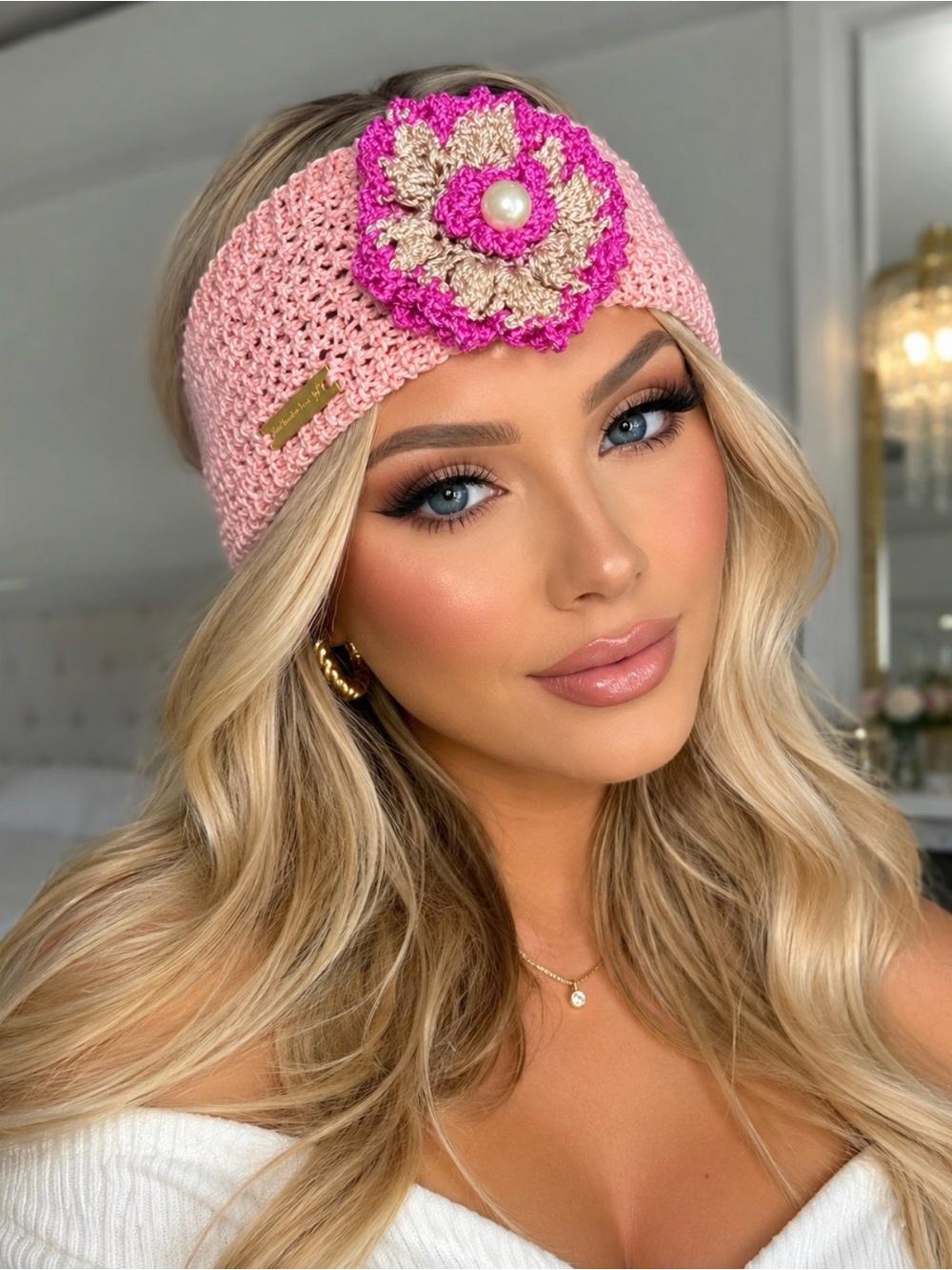 Hand Knits 2 Love Cotton Headband Flower Bead Designer Pink Gift Romantic Boho